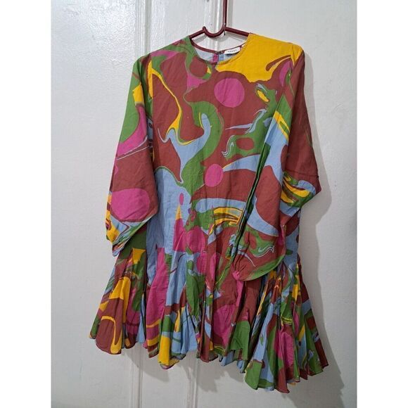 Rhode Resort Flare Mini Dress Womens Small Green Pink Watercolor Floral Artist - Picture 2 of 8